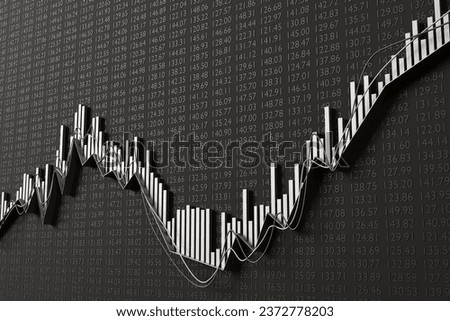 Silver line graph, bar chart and analytical trend lines on black background having stock quotes. 3D illustration of the concept of investment