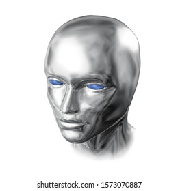 Silver Liquid Face Of Robo Woman Isolated, 3D Rendering