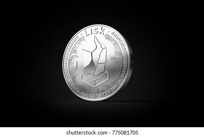 Silver LISK LSK cryptocurrency physical concept coin isolated on black background. 3D rendering