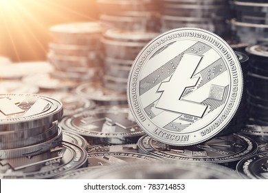 Silver Litecoin in close up shot. Sun flare as sign of bright future. 3D rendering