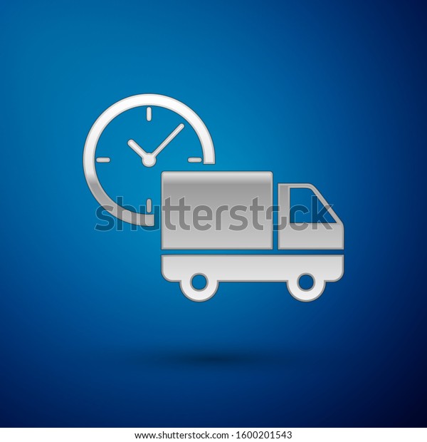 Silver Logistics\
delivery truck and clock icon isolated on blue background. Delivery\
time icon.  