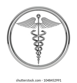 Silver Medical Caduceus Symbol on a white background. 3d Rendering 