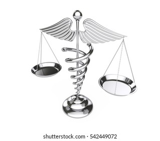 Silver Medical Caduceus Symbol as Scales on a white background. 3d Rendering