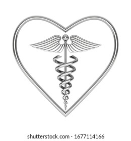 Silver Medical Caduceus Symbol in Shape of Heart on a white background. 3d Rendering