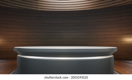 Silver Metal Table With Backdrop In The News Studio
