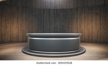 Silver Metal Table With Backdrop In The News Studio
