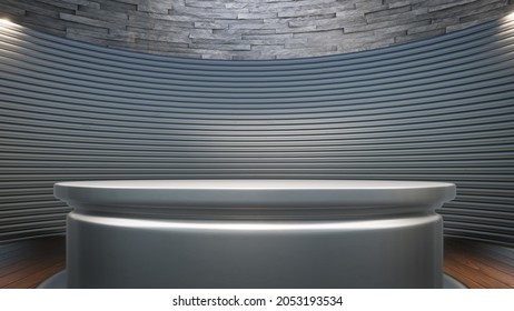 Silver Metal Table With Backdrop In The News Studio
