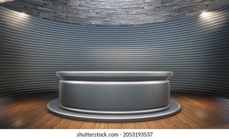 Silver Metal Table With Backdrop In The News Studio
