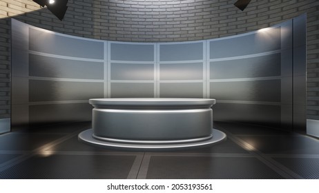 Silver Metal Table With Backdrop In The News Studio
