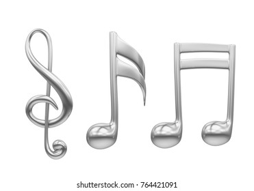 Silver Music Notes Isolated. 3D Rendering