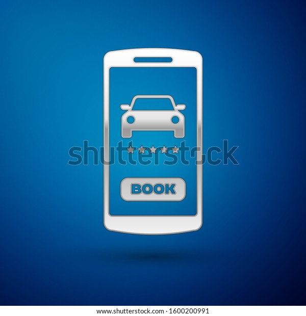Silver Online car sharing icon isolated on blue\
background. Online rental car service. Online booking design\
concept for mobile phone. \
