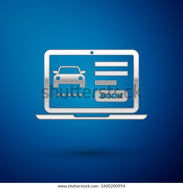 Silver Online car sharing icon isolated on blue\
background. Online rental car service. Online booking design\
concept for laptop. \
