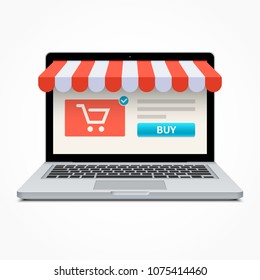 Silver Open Laptop With And Screen Buy. Concept Online Shopping