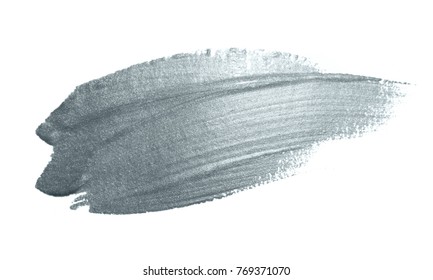 Silver Paint Brush Stain Or Smudge Stroke And Abstract Paintbrush Glittering Ink Dab Smear With Glitter Texture On White Background. Isolated Sparkling Silver Paint Or Ink Paintbrush Splash Stain