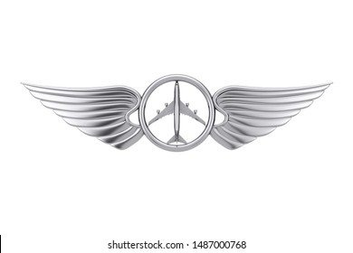 Silver Pilot Wing Emblem, Badge Or Logo Symbol On A White Background. 3d Rendering