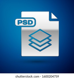 Silver PSD File Document. Download Psd Button Icon Isolated On Blue Background. PSD File Symbol.  