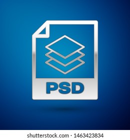 Silver PSD File Document Icon. Download Psd Button Icon Isolated On Blue Background. PSD File Symbol