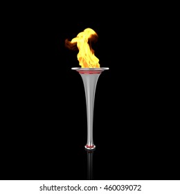 Silver And Red Torch On Black Background. Sport Flame. Torch Fire. Torch Flame. Olympic Torch. Paralympic Torch. 3D Render.
