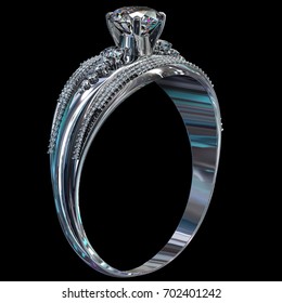 Silver Ring For Engagement With Gem. Top View Of Diamond Facetes Luxury Jewellery Bijouterie From White Gold Or Platinum With Gemstone. 3D Rendering On Dark Background. Ancient Tiara.