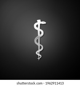 Silver Rod of asclepius snake coiled up silhouette icon isolated on black background. Emblem for drugstore or medicine, pharmacy snake symbol. Long shadow style.