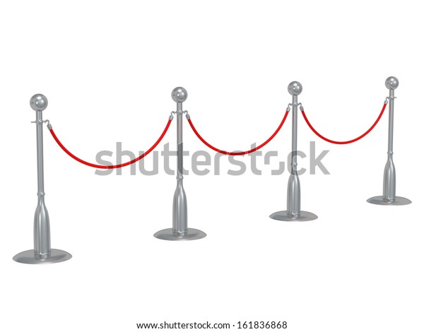 Silver rope barrier - 3d render.\
Fence with red rope isolated on white. Luxury, VIP\
concept