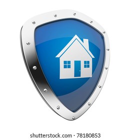 Silver Shield With A Home/house Symbol On Blue Background.
