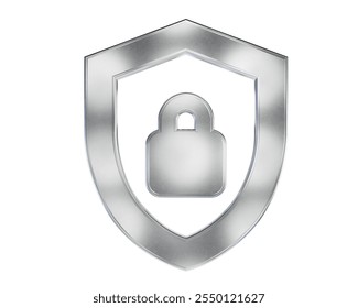 Silver shield with lock symbolizing digital security. Isolated on white png