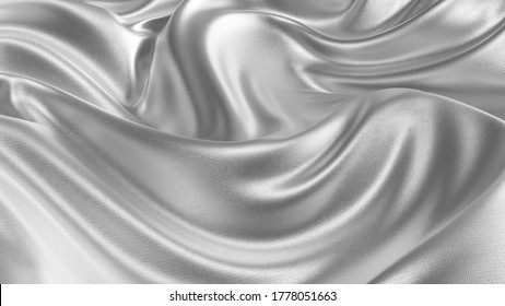 Silver silk wavy fabric abstract background close up. Closeup of rippled silk fabric. Smooth elegant silver-colored silk or satin. 3d rendering.