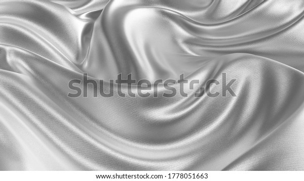 Silver silk wavy fabric abstract background\
close up. Closeup of rippled silk fabric. Smooth elegant\
silver-colored silk or satin. 3d\
rendering.