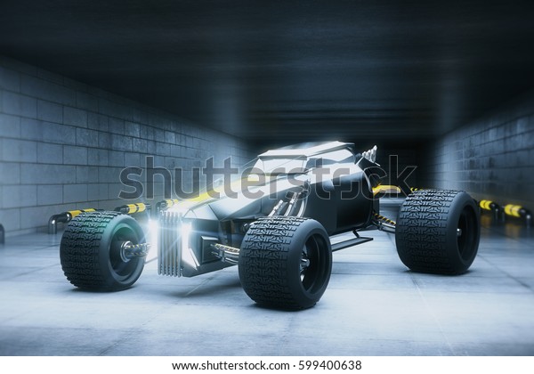 Silver sports car in concrete tunnel. Race\
concept. 3D\
Rendering