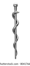 Silver Staff of Aesculapius medical symbol isolated on a white background.