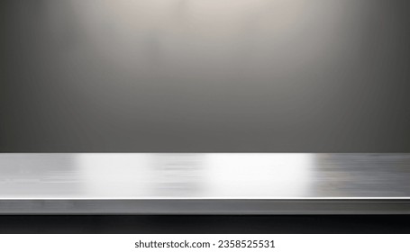 Silver steel countertop, empty shelf. Kitchen counter on gray background with spot light. Bar desk surface in foreground