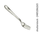 Silver steel fork. Kitchen utensil, flatware. Watercolor food illustration hand painted isolated on white background for cafe menu, cooking book, table textile, confectionery design, kithen prints