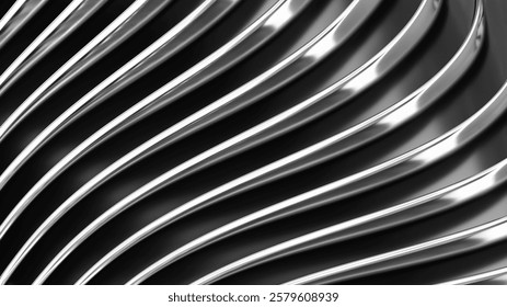 Silver striped pattern background, wavy lines design, abstract minimal metallic background for business presentation, 3d render illustration.