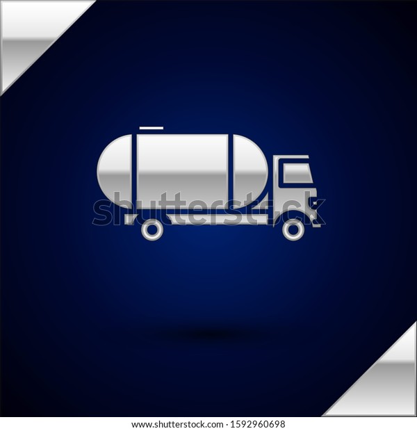 Silver\
Tanker truck icon isolated on dark blue background. Petroleum\
tanker, petrol truck, cistern, oil trailer. \
