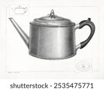 Silver Teapot (ca.1936) by Charles Garjian. Vintage teapot or kettle illustration. Vintage silver kettle art drawing illustration, old painting art print of kitchen teapot utensil sketch.