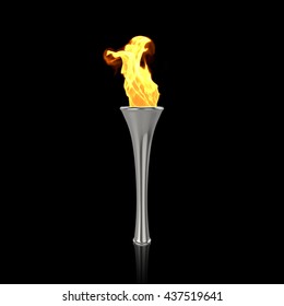 Silver torch on black background. Sport flame. Torch fire. Torch flame. Olympic torch. Paralympic torch. 3D Render.