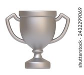 Silver trophy cup with two handles, symbolizing achievement, victory, and success, isolated on white background. 3D icon, sign and symbol. Front view. 3D Render Illustration