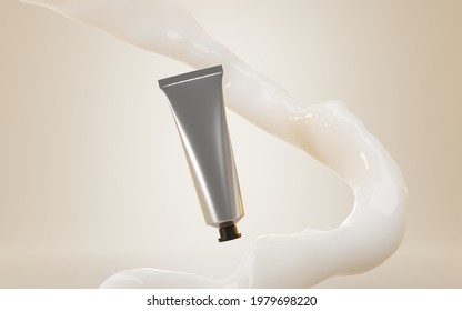 Silver Tube Package With Hand Cream Or Toothpaste. Make Up Cosmetic Product Ad On Soft Beige Background With Liquid Milky Splash Flow 3d Illustration Mockup Of Blank Aluminium Container With Black Cap