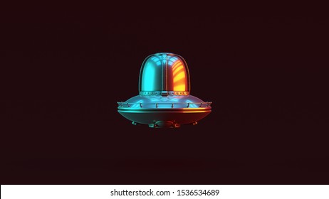 Silver UFO with Red Orange and Blue Green Moody 80s lighting 3d illustration 3d render