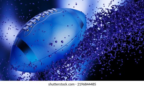 Silver-Blue American Foot Ball With Blue Particles Under Blue Flash Light Background. 3D Illustration. 3D High Quality Rendering. 