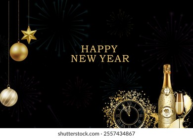 silvester 2025 new year new year's eve party background banner with champagne bottle, champagne glasses for toasting and firework sparkles, and a clock is on the black background. - Powered by Shutterstock