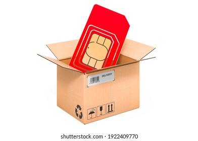 Sim Card Inside Cardboard Box, Delivery Concept. 3D Rendering Isolated On White Background