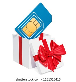 Sim Card Inside Gift Box, Gift Concept. 3D Rendering Isolated On  White Background 