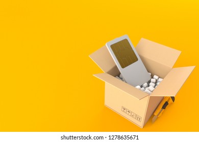 SIM Card Inside Package Isolated On Orange Background. 3d Illustration