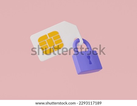 SIM card lock with padlock icon on pink background. Protection of personal information concept. Mobile phone SIM card, communication technology, sim card security. 3d minimal rendering illustration