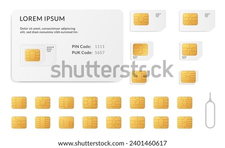 Sim card types icon set and sim tool isolated. Cellular phone card - Normal, Mini, Nano. Smart cellular wireless communication gsm chip, electronics and telecommunication microchip design on white
