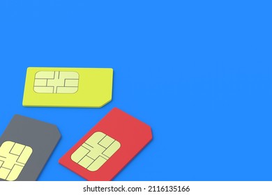 Sim cards for mobile phone. Global communications. Prepaid cellular services. Mobile operator. Copy space. 3d render