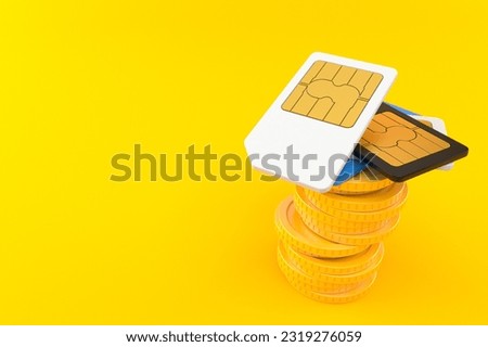 SIM cards with stack of coins isolated on orange background. 3d illustration