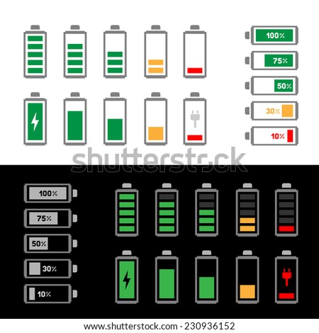 The simle battery icon set isolated on the white and black background